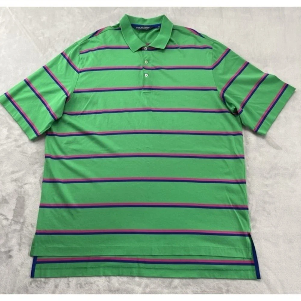 Polo Golf Ralph Lauren Polo Shirt Men XL Green Stripes Regular Hi-Low Slit Pima
